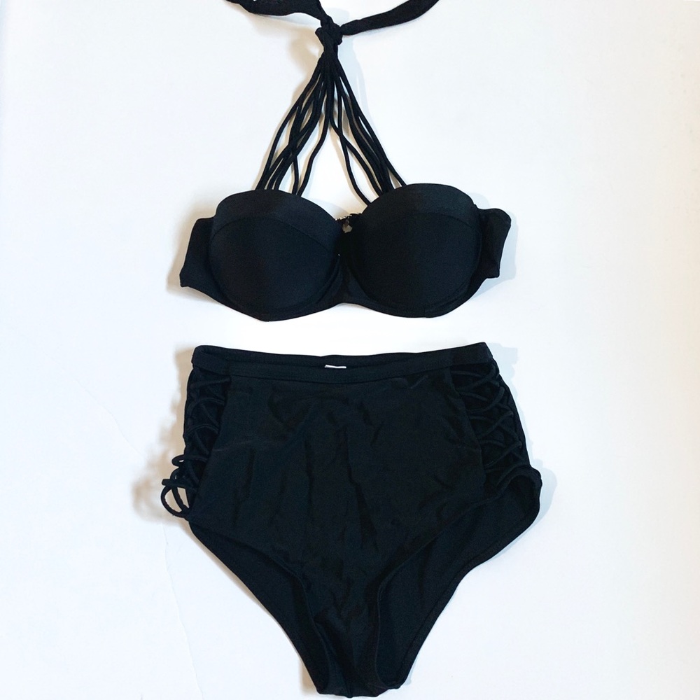 New High waisted bikini set black halter top